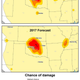USGS maps comparing forecasted damage from natural or human-induced earthquake in Oklahoma in 2016 and 2017.